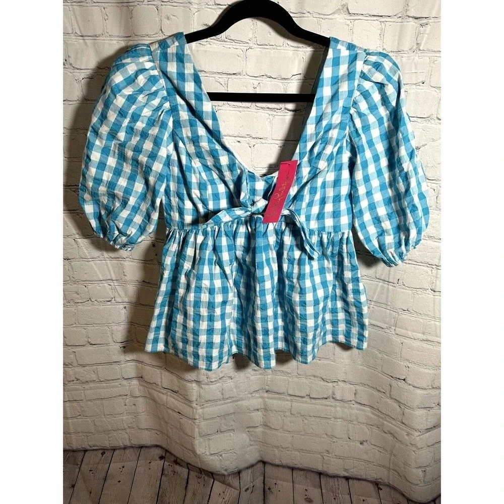 Lilly Pulitzer Sarafina Short Sleeve Top Turquoise Gingham Blue White 2 NEW
